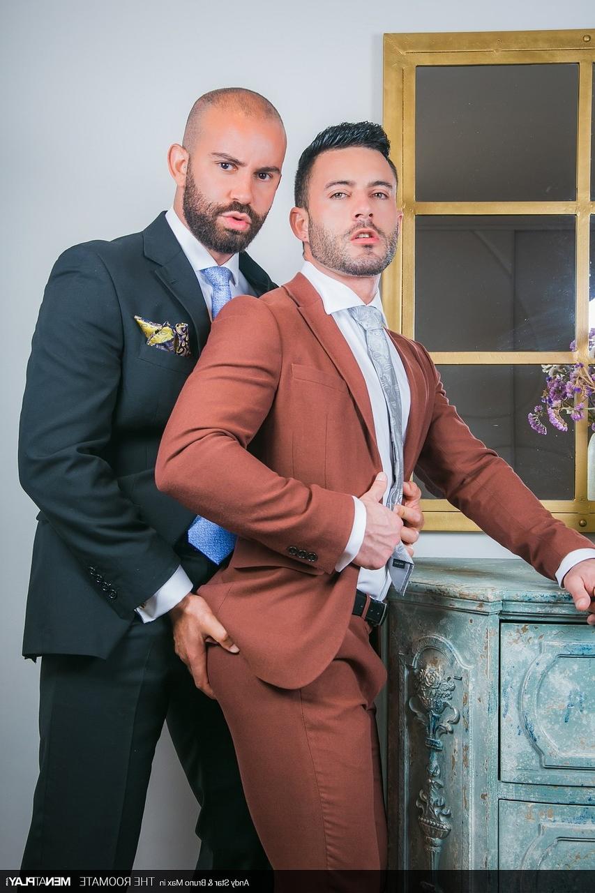 20P Horny hunks Andy Star and Bruno Max fuck wearing stockings and shirts