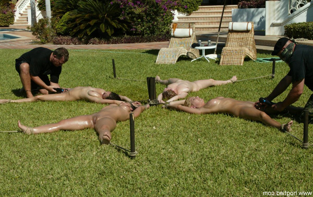 20P Naked MILFs in rope bondage get punished with vibrators outdoors