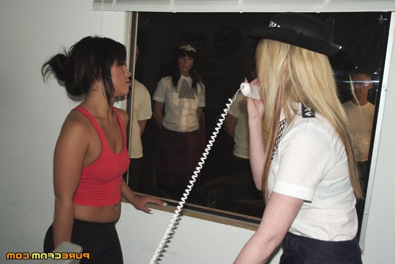 20P Sexy females in cop uniform strip guys and jack off their stiff boners