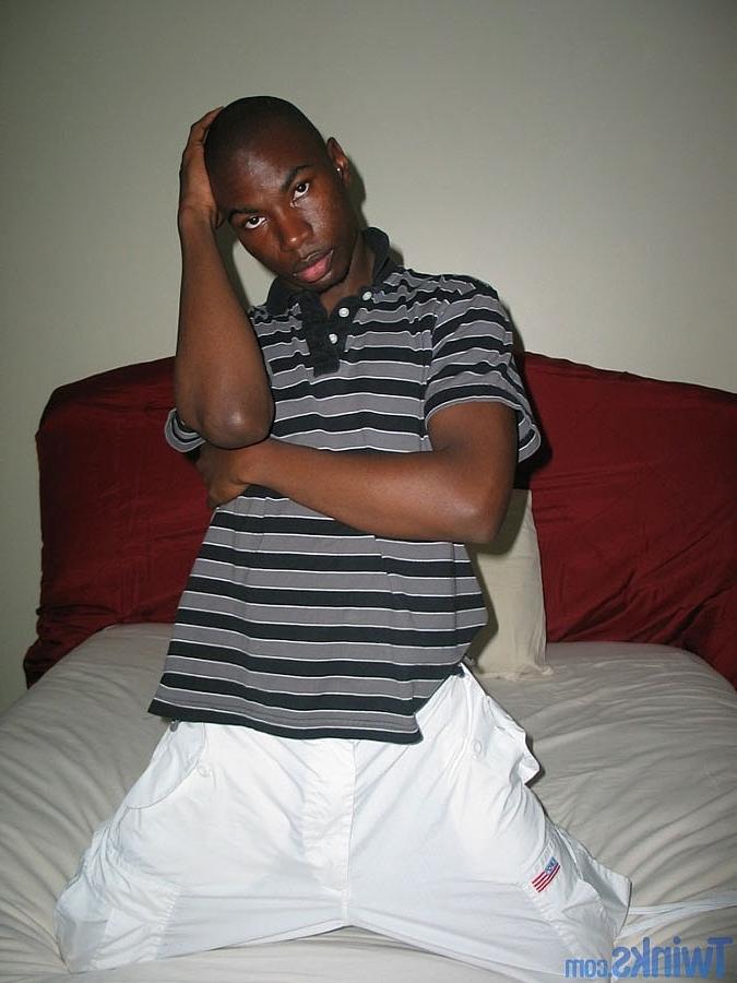 20P Ebony twink strips naked and jerks his shaved cock until he ejaculates
