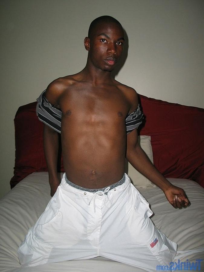 20P Ebony twink strips naked and jerks his shaved cock until he ejaculates