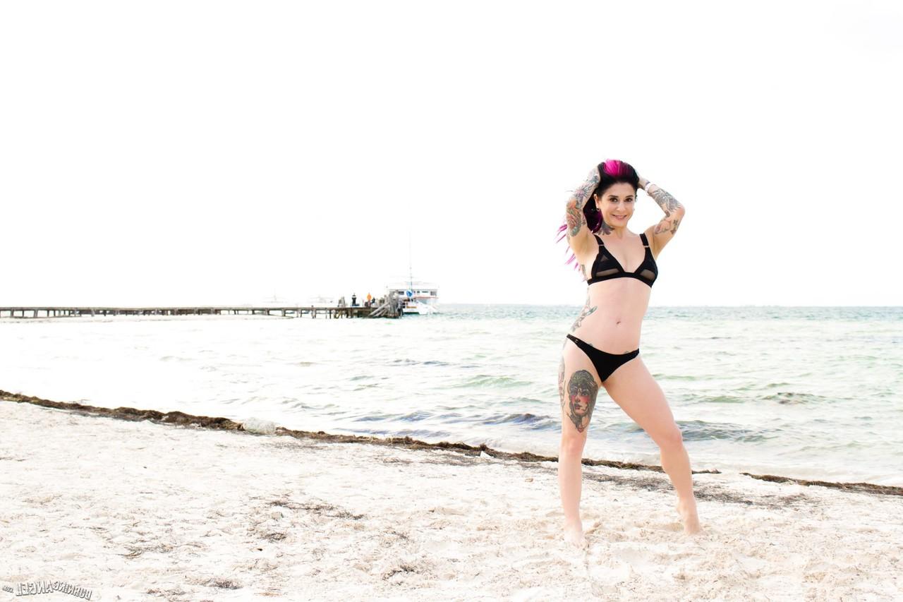 17P Colorful Joanna Angel stripping off & showing her wet cunt alone at the beach