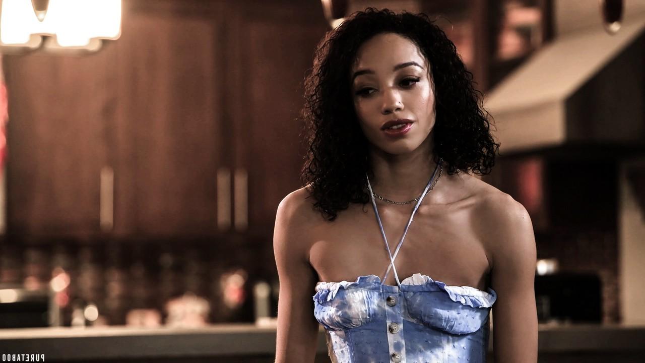 15P Alexis Tae and Serene Siren have interracial lesbian sex on a chesterfield