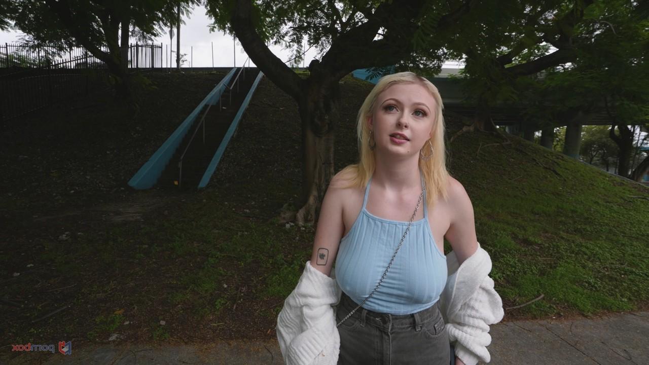 20P Carrie Sage, une jeune blonde bien roulée, dévoile ses gros seins et chevauche une bite dans une camionnette.
