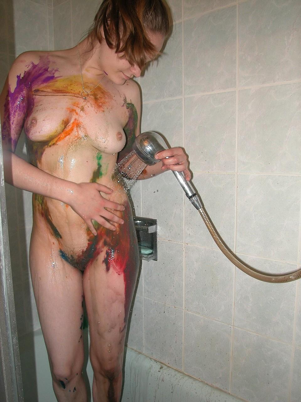 20P Submissive babe Danni takes a shower after a kinky foodplay session in bondage