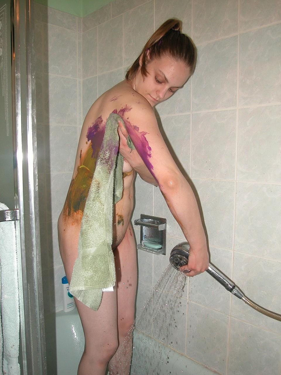 20P Submissive babe Danni takes a shower after a kinky foodplay session in bondage