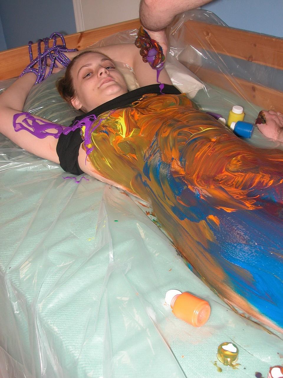 20P Submissive babe Danni takes a shower after a kinky foodplay session in bondage
