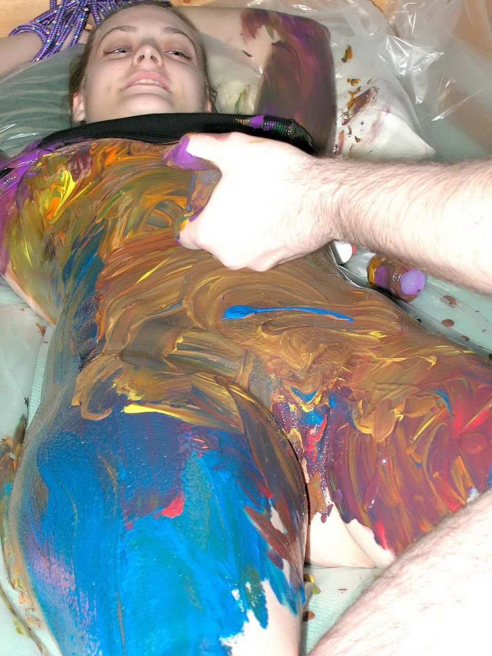 20P Submissive babe Danni takes a shower after a kinky foodplay session in bondage