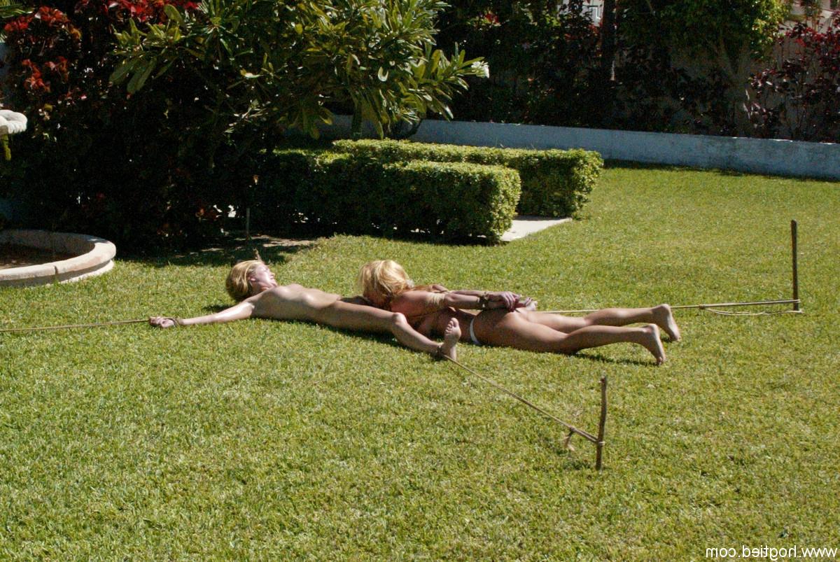20P Horny dom strips and ties up 2 blonde babes in his backyard for a BDSM action