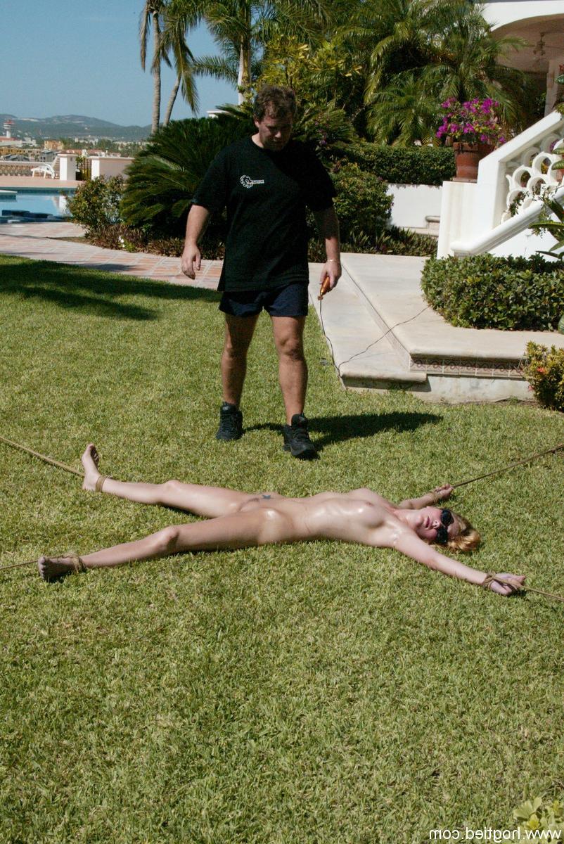 20P Horny dom strips and ties up 2 blonde babes in his backyard for a BDSM action