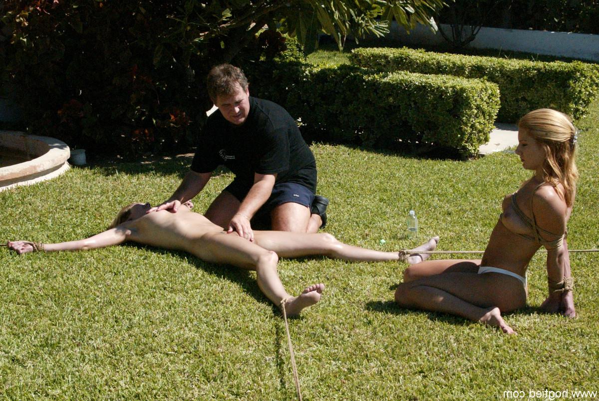 20P Horny dom strips and ties up 2 blonde babes in his backyard for a BDSM action