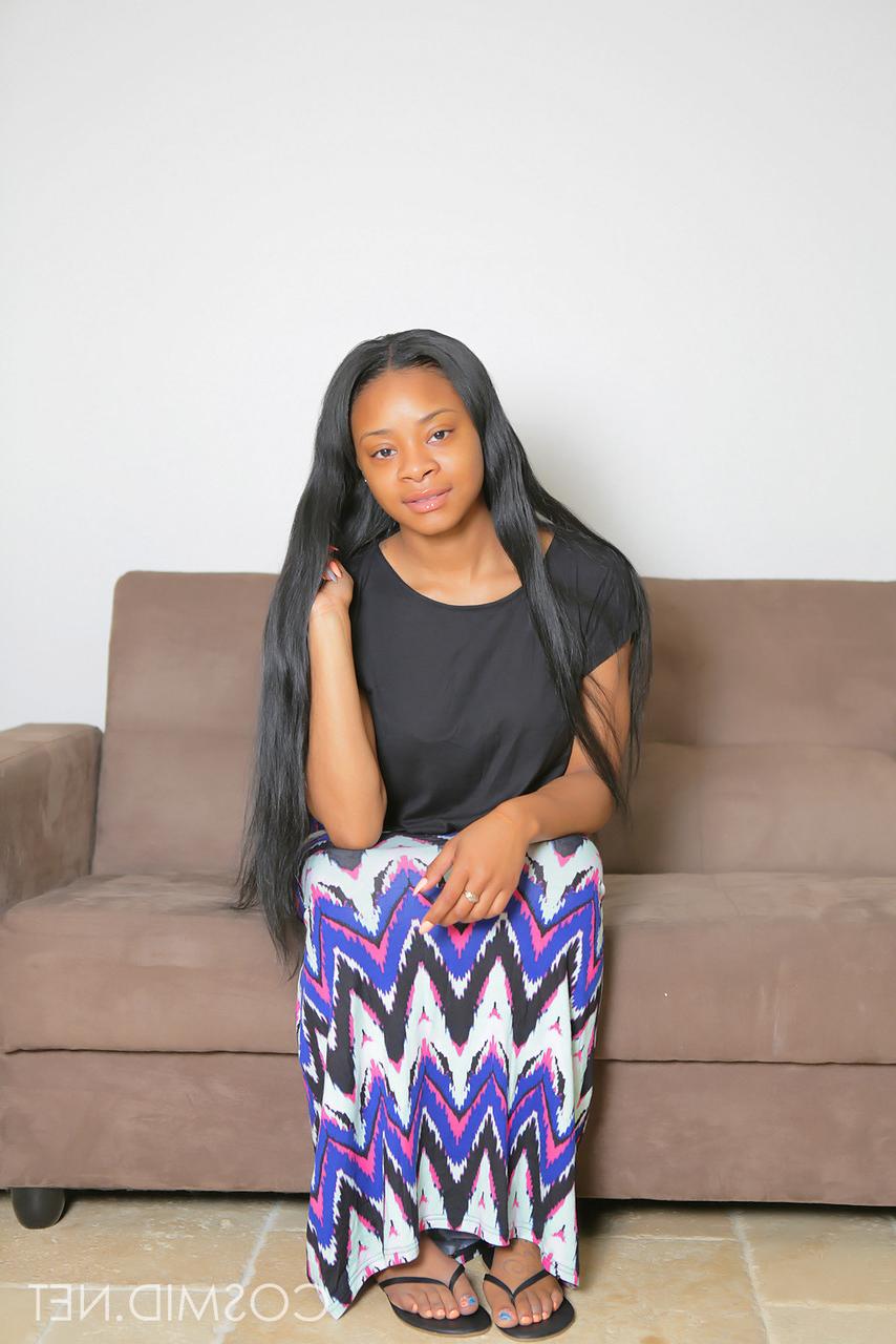 16P Ebony first timer uncovers her big natural boobs as she strips naked