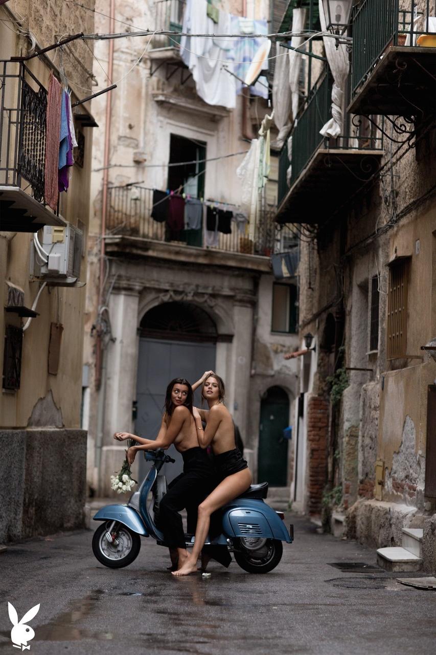 20P Beauties Jess Clarke & Roxanna June strip and pose naked on a tiny balcony