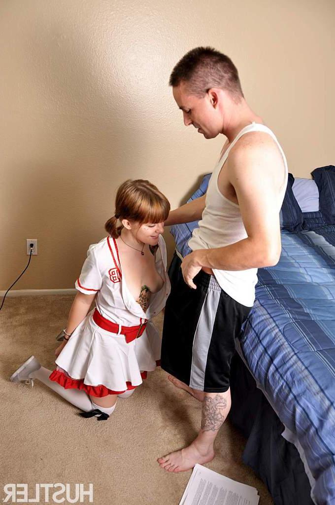 16P Redhead Mariah Mars seduces a guy in white over the knee socks and pigtails