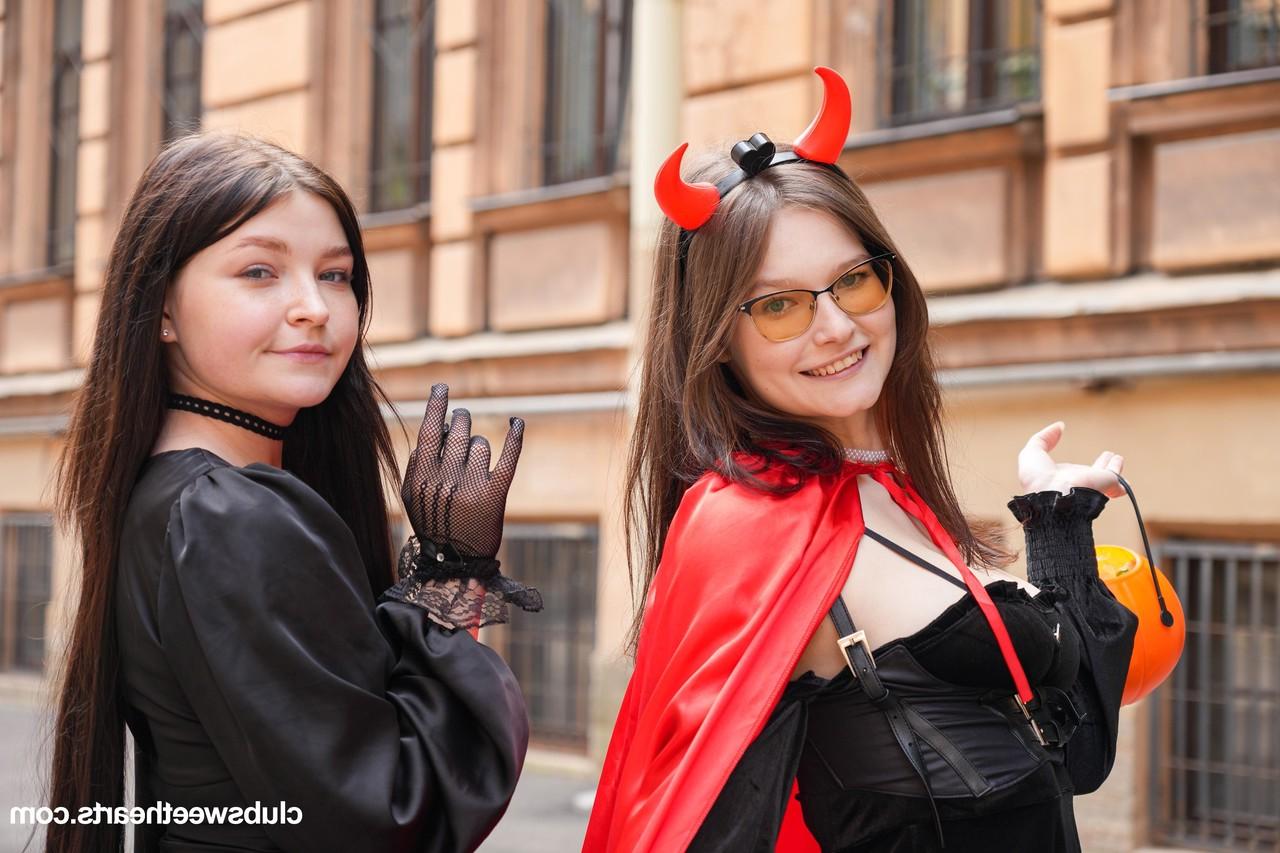 20P Playful teens getting involved in a kinky Halloween lesbian orgy