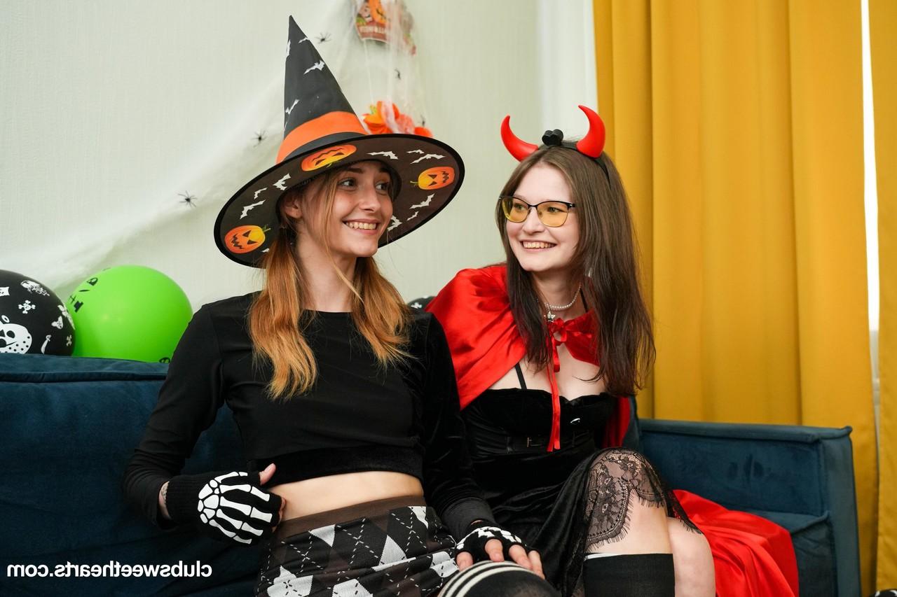 20P Playful teens getting involved in a kinky Halloween lesbian orgy