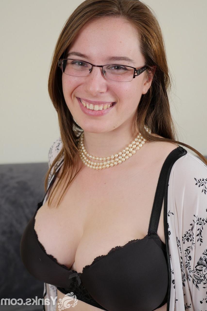 16P Brunette with glasses Patience Morgan unveils big bosoms & teases her clit
