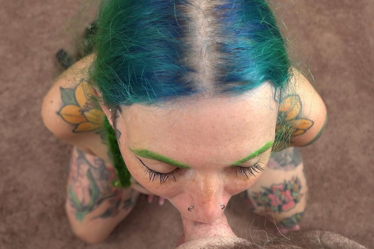 20P Green-haired nympho Vibe Ryder unveils her inked body & gives a POV blowjob