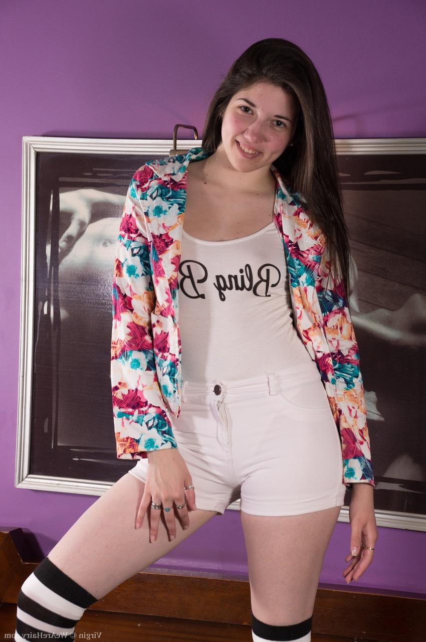 16P Teenage hottie Virgin takes off white bodysuit and rubs her unshaved vagina