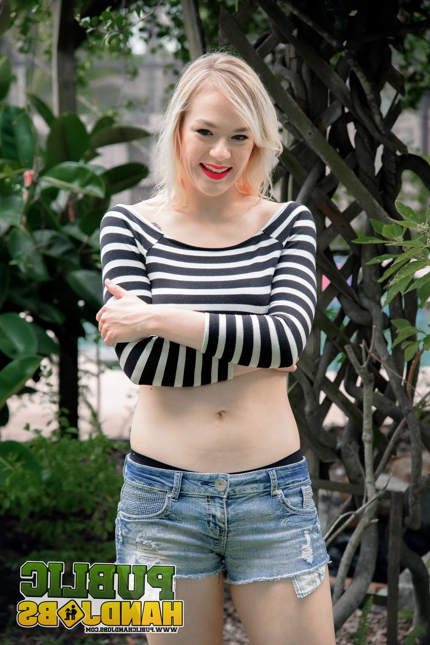 20P Blonde with red lipstick Rebecca Vanguard strips & massages a dick outside