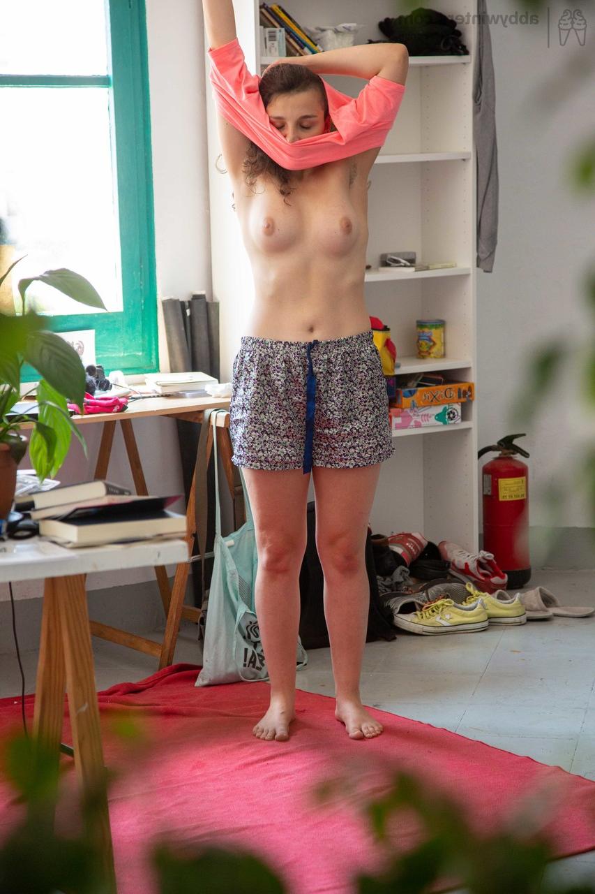 20P Pascal shows her natural tits & fuzzy pussy before putting her clothes on