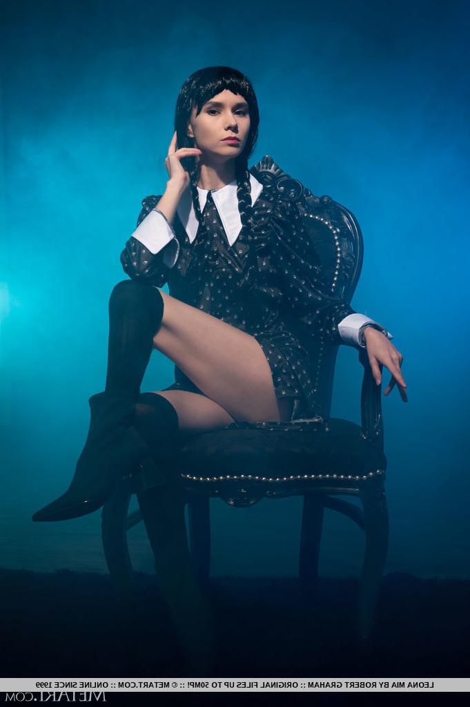 18P Leona Mia sports the Wednesday Addam's look while going nude in OTK socks