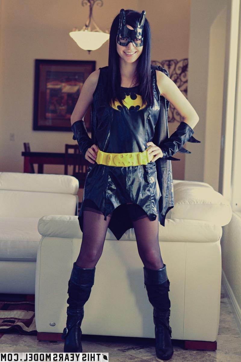 15P Sweet brunette Catie Minx models cosplay clothing before starting to undress