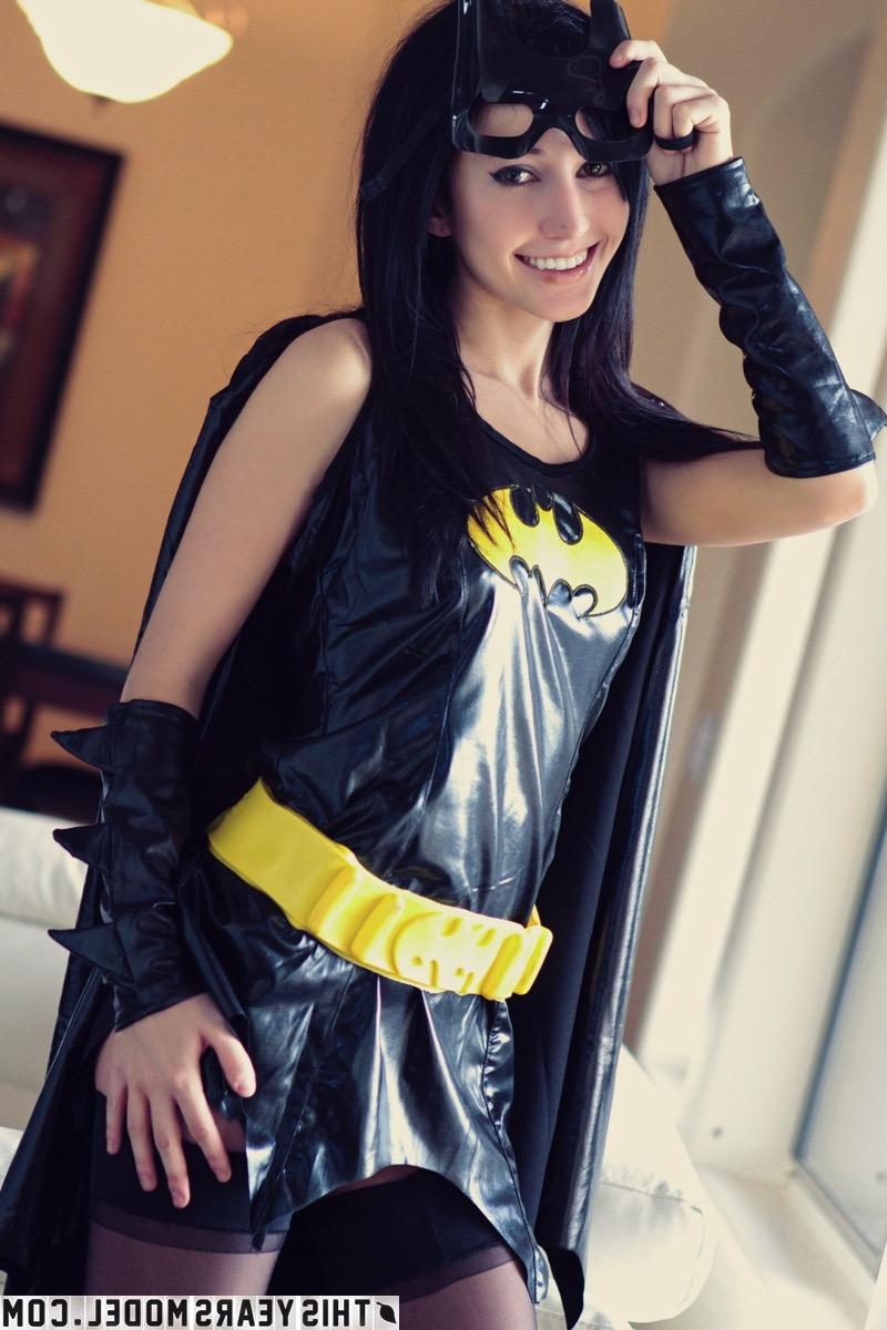 15P Sweet brunette Catie Minx models cosplay clothing before starting to undress