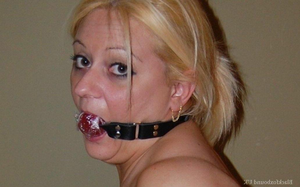 11P Chubby blonde is hogtied with handcuffs while topless in blue hose and gagged