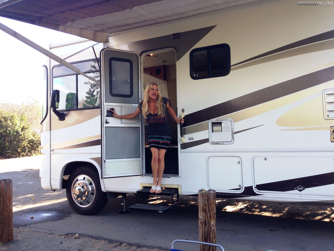 16P Hot big titted MILF Kelly Madison masturbates and plays with a cock in an RV