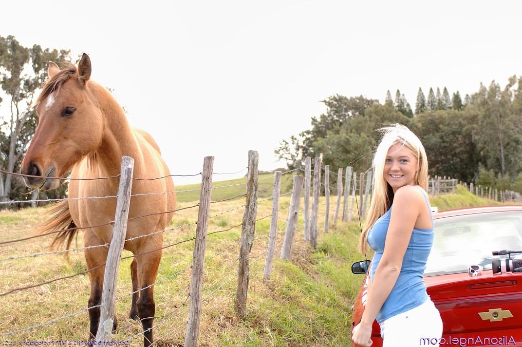 20P A loira brincalhona Alison exibindo seus peitos grandes e uma saia levantada na estrada
