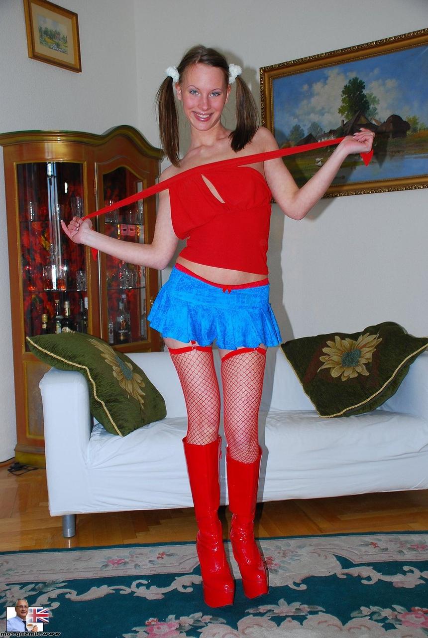 17P Babe in sexy red fishnets Gita Blonde fucks an old man and suck cock