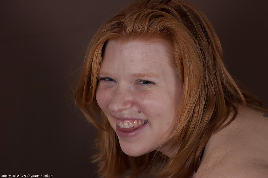 16P Fatty redhead girl Madison Young stripping and fingering her hairy twat