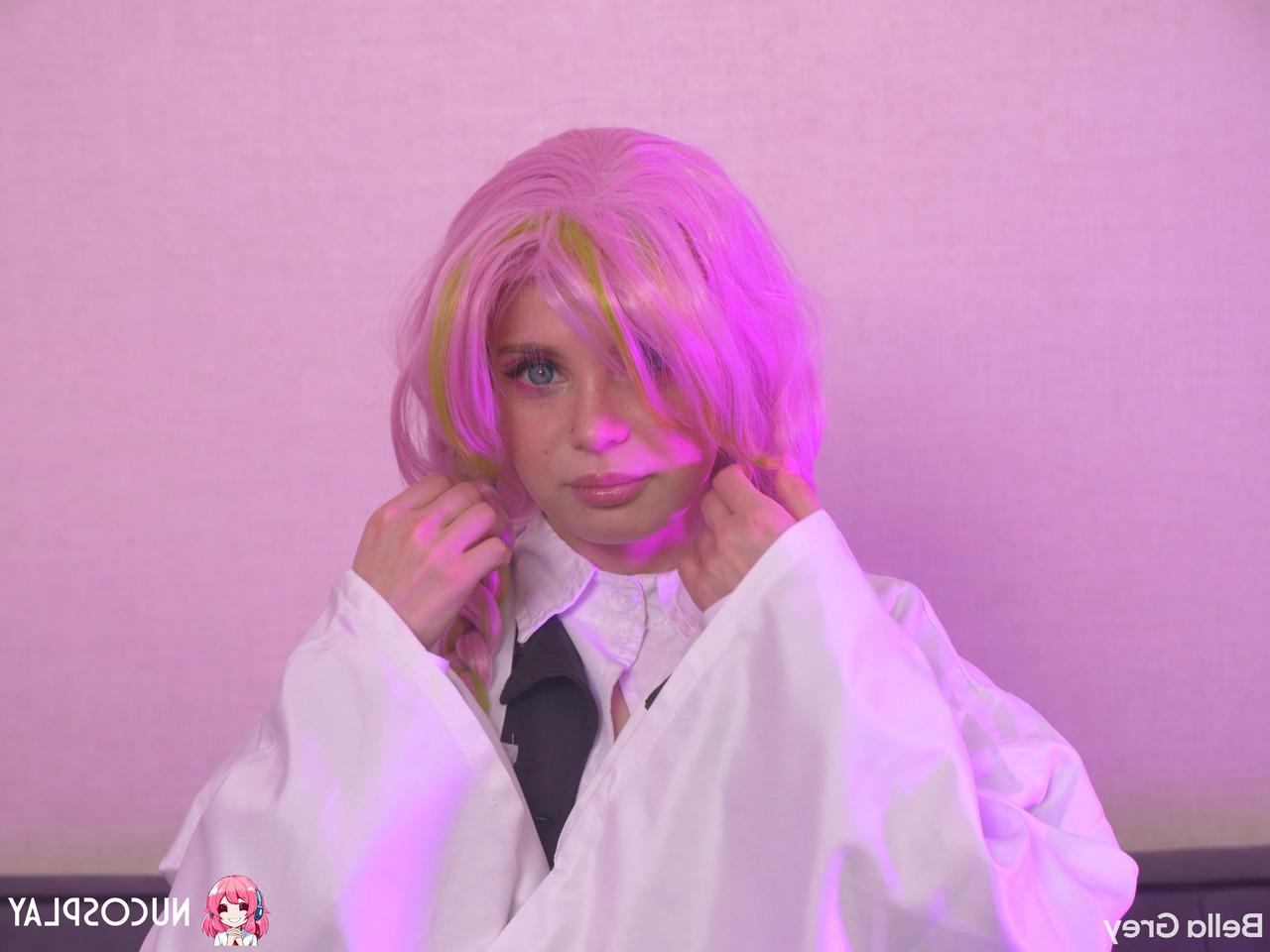 15P Cute cosplayer Bella Grey takes an open mouth cumshot after a fuck