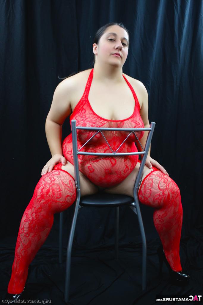 20P Amateur BBW Kimberly Scott poses non nude in red lingerie and matching hosiery