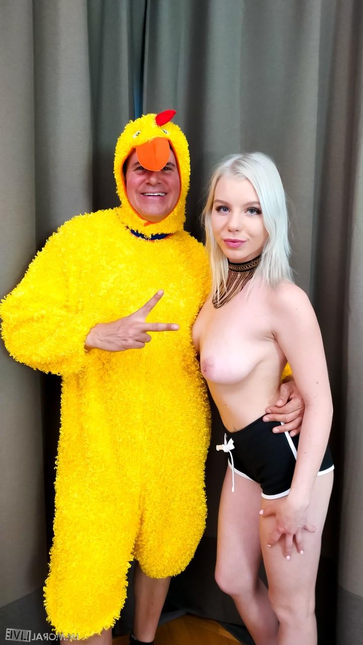 15P Platinum blond Mary Monroe gives her filthy asshole to a man in a chicken suit