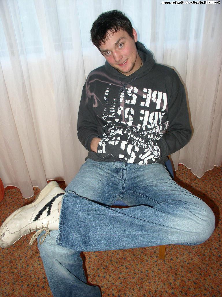 20P Saucy gay brunette Charlie stripping and unveiling his huge hairy dick