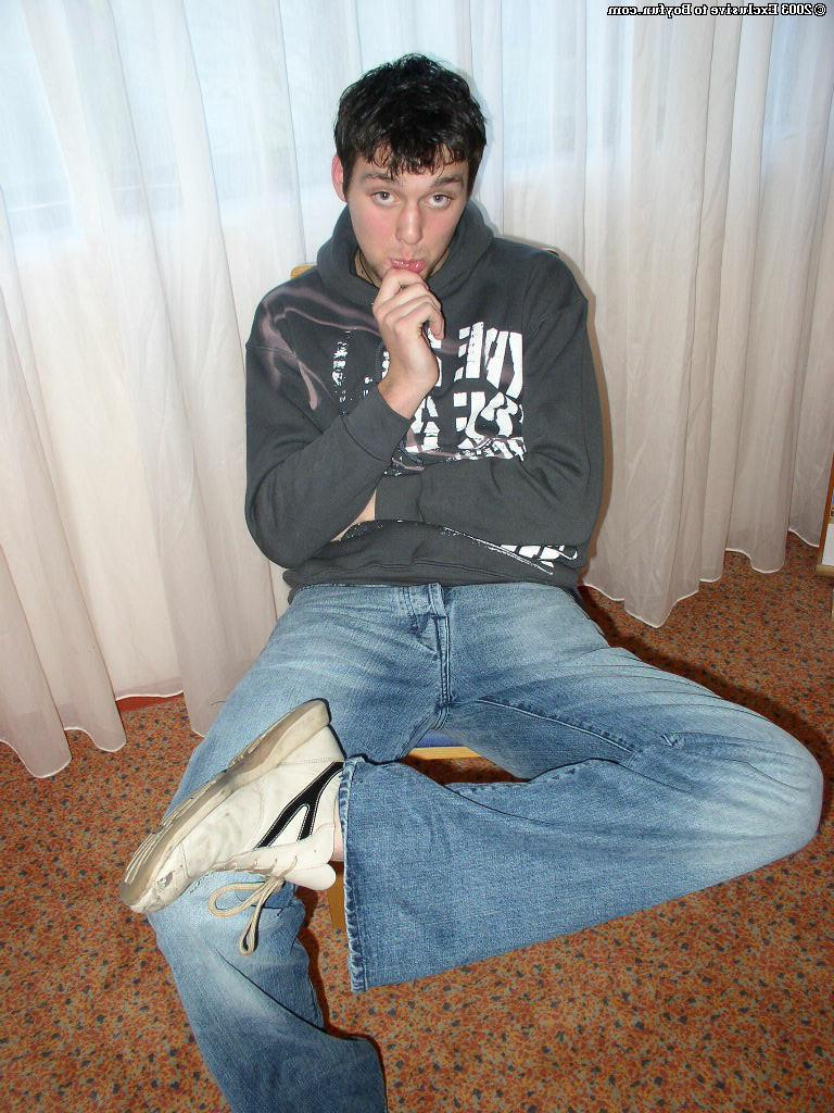 20P Saucy gay brunette Charlie stripping and unveiling his huge hairy dick