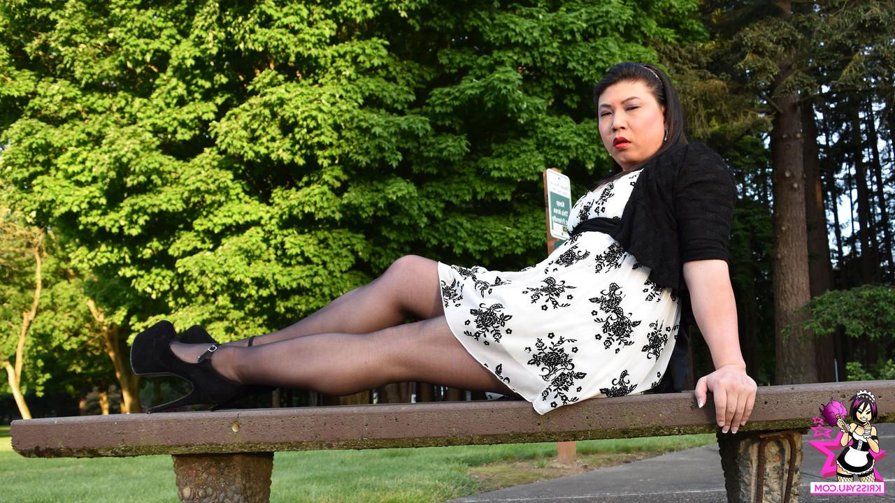 16P Brunette Asian tranny with a fat ass spreads her legs and jerks off her dick