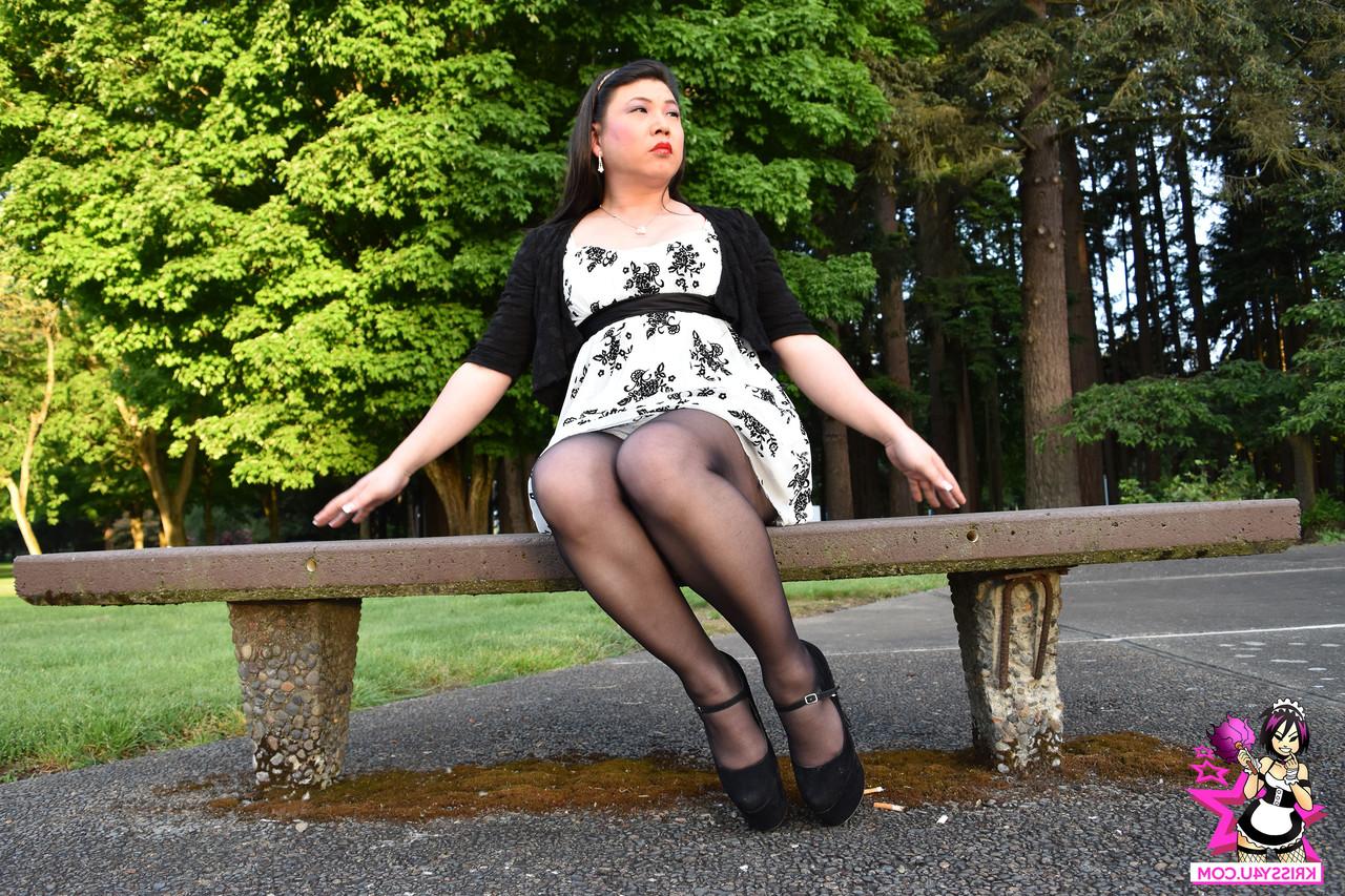 16P Brunette Asian tranny with a fat ass spreads her legs and jerks off her dick