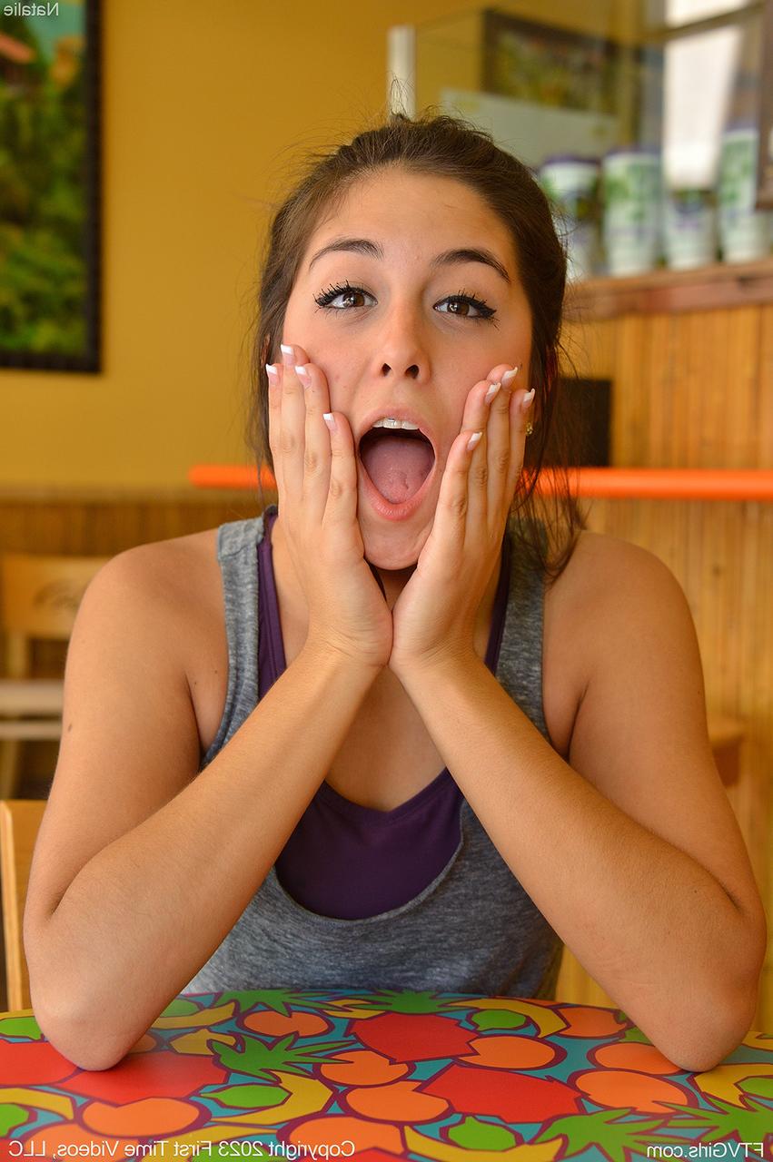 15P Cute brunette Natalie exercises before a cucumber insertion in public