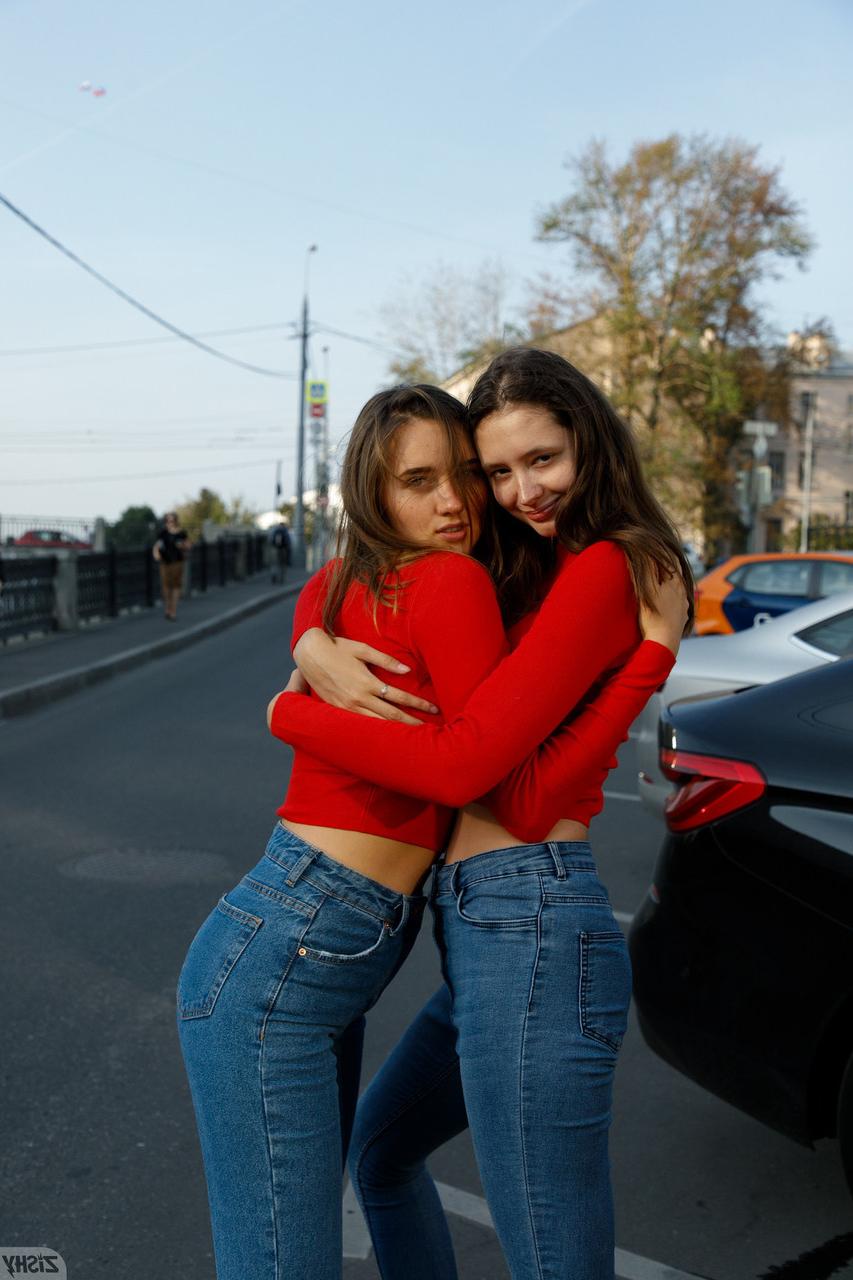 13P Cute models in red sweaters Disha & Alevtina Batman show their asses together
