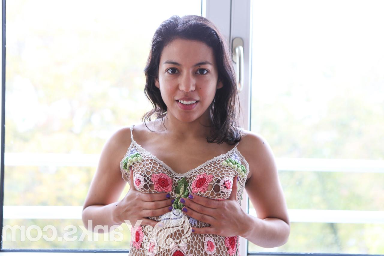 15P Latina first timer Lina Bembe undresses before masturbating afore a window
