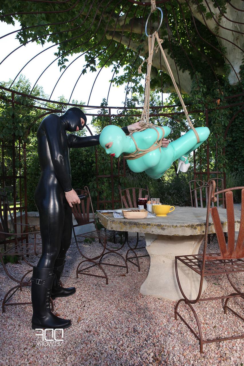 20P Bound slut with red lipstick Latex Lucy gets boned while hanging from a tree