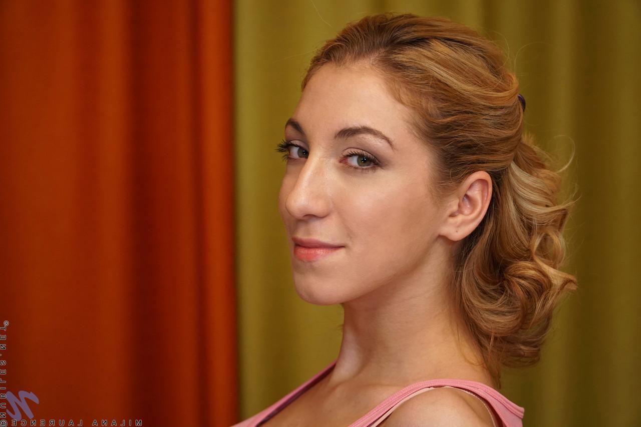 20P Tall Russian Milana Laurence strips down naked and fingers her pussy