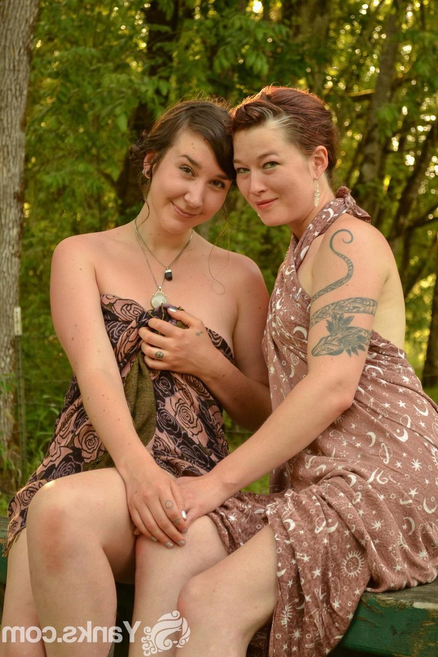 17P Pretty lesbians Artemis and Turquoise with tattoos masturbate pussies in park