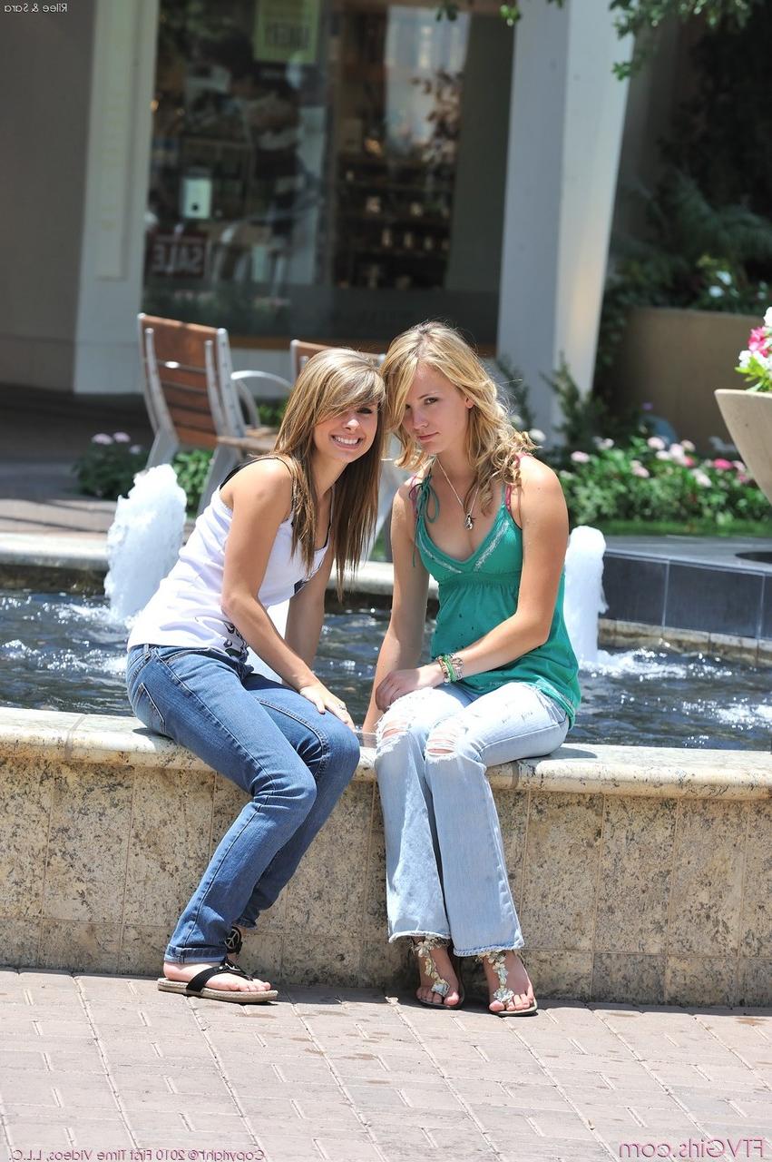 20P Petite teens Rilee and Sara flash their tiny titties and kiss in public