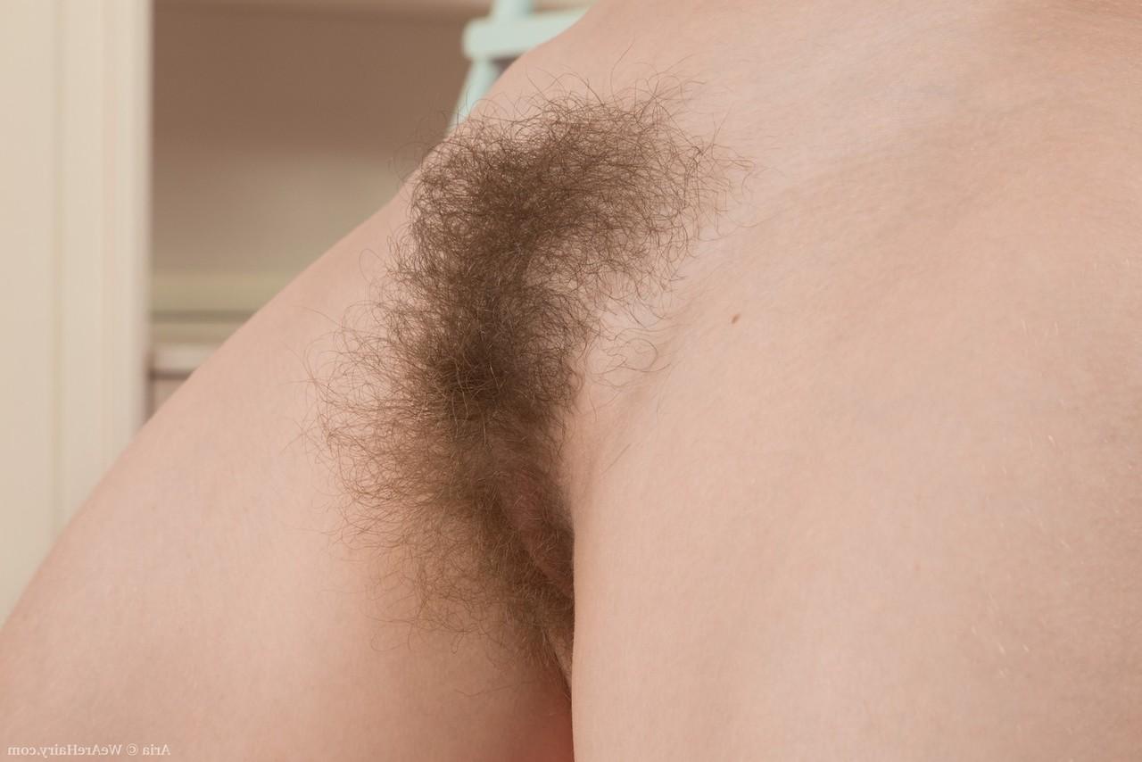 16P Aria amateur de pelo corto se sube una falda con volantes para revelar su arbusto natural