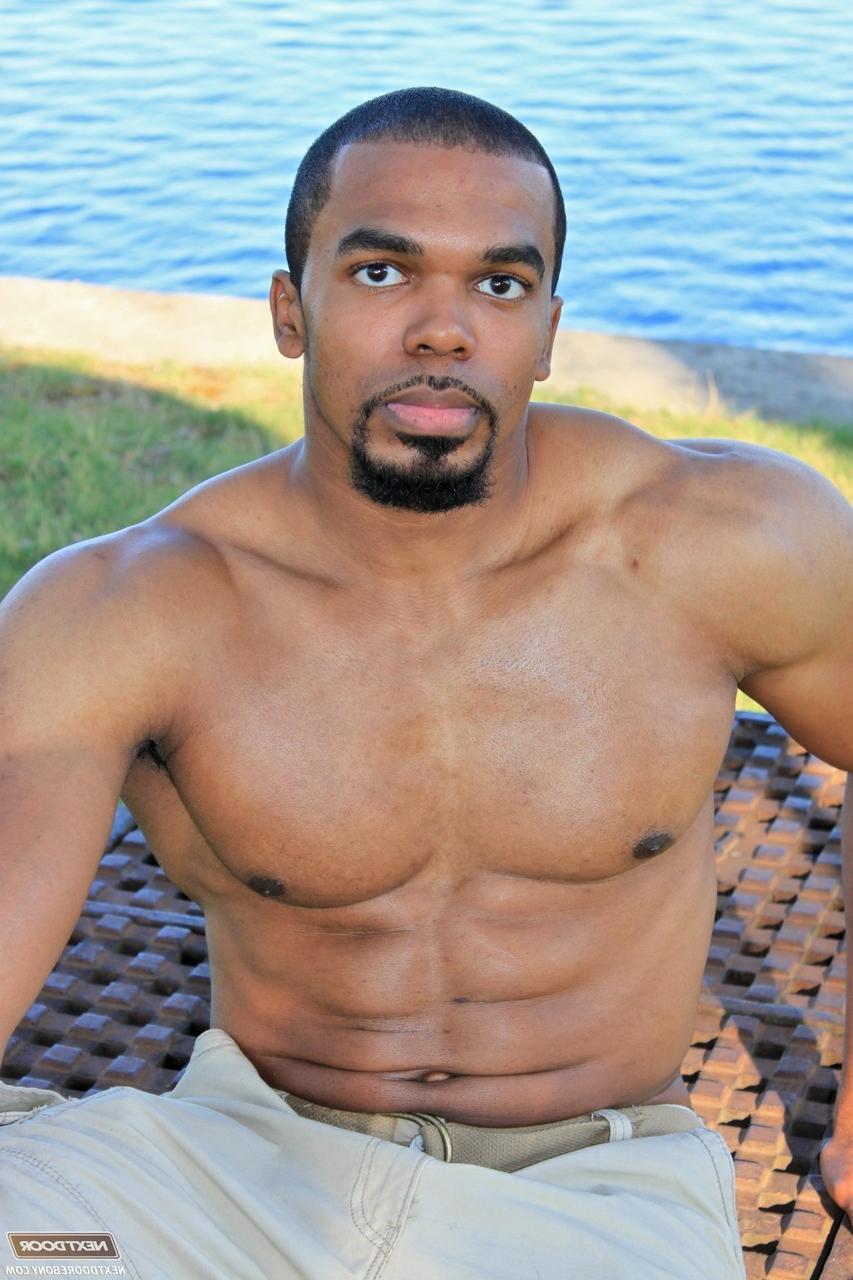20P Muscular hunk Boxer shows his big black prick and masturbates until he cums