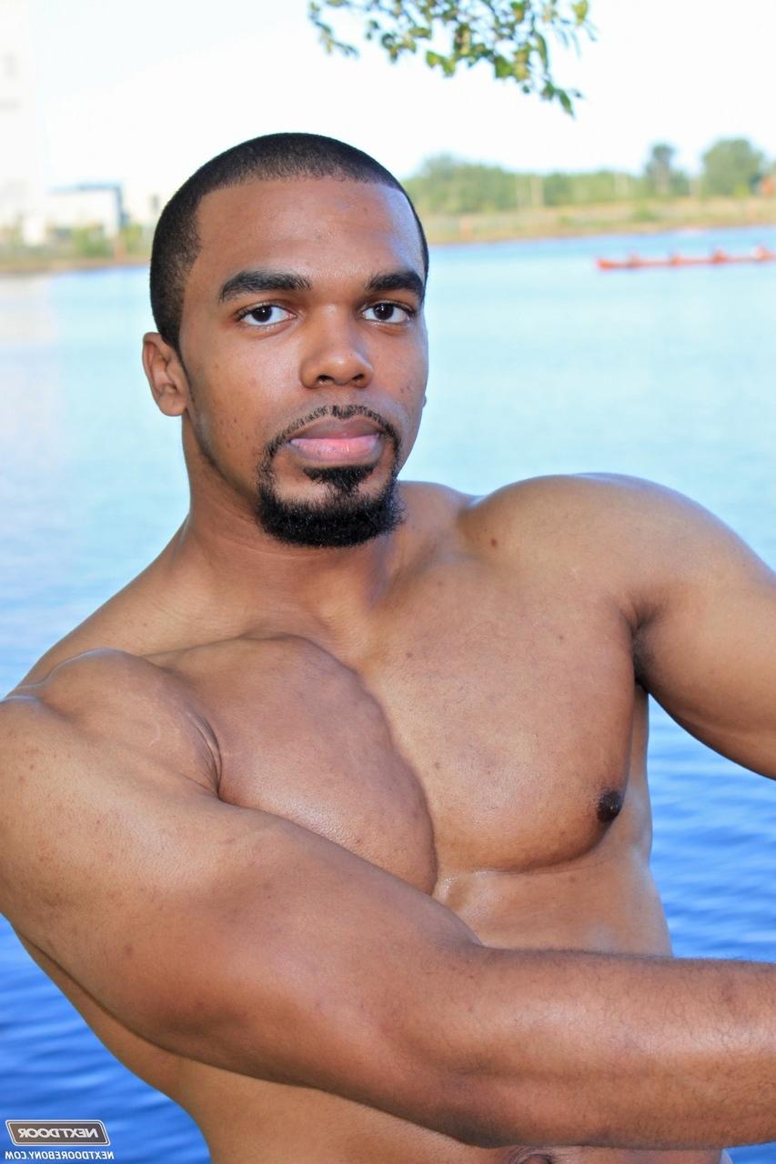 20P Muscular hunk Boxer shows his big black prick and masturbates until he cums
